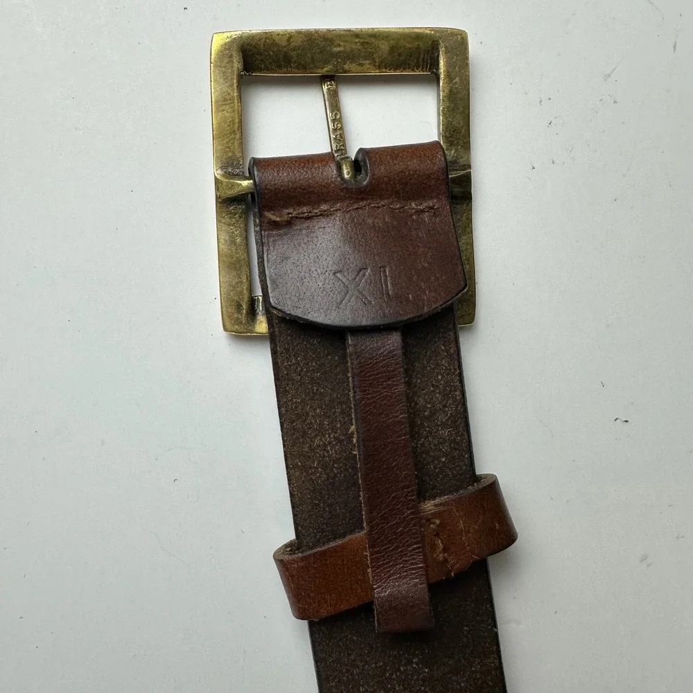 Brown Leather Perforated Studded Belt XL Brass Buckle Western Boho Casual